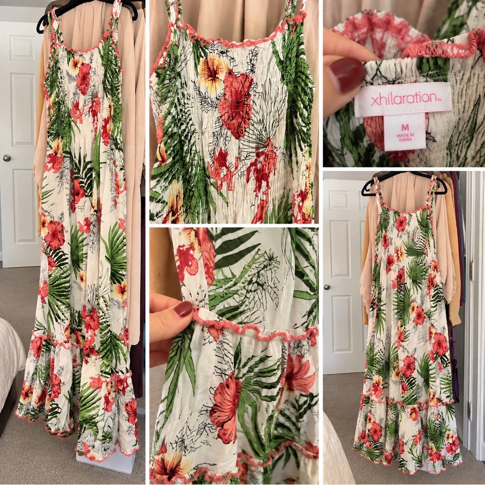 Xhilaration Cream Maxi Dress with Coral & Green Tropical Print